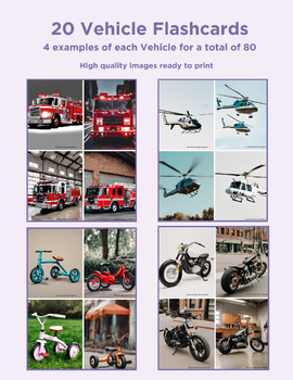 Preview of Vehicle Flashcards-Printable Vehicle Picture Cards 20 Vehicles 4 examples each