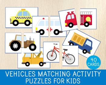 Vehicles Matching Activity, 40 Puzzles, Transports, Cars, Matching Games