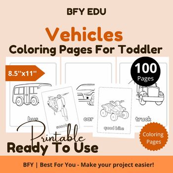 Preview of Vehicles* Toddler Coloring Book 8.5x11 100 pages