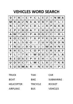 Vehicles word search by A Day In The Sun | TPT