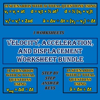 Preview of Velocity, Acceleration, and Displacement Worksheet Bundle (Physics)
