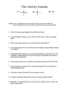 Preview of Velocity Word Problems Worksheet