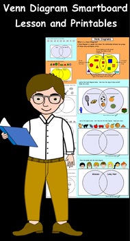 Preview of Venn Diagram Interactive Smartboard Lesson and Printables for gr 3-5