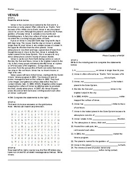 Preview of Venus- Article, Questions, Wordsearch, and Hidden Message!