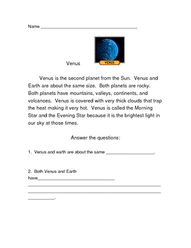 Preview of Venus - reading comprehension