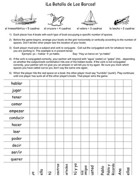 Preview of Verb Battleship (Batalla de Barcos) - verb practice game (Spanish, French, etc.)