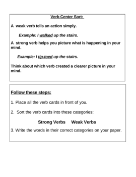 Preview of Verb Center Sort: Stong Verbs & Weak Verbs