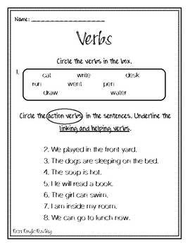 Verb Assessment - Action Verbs, Linking Verbs, Helping Verbs, Verb Tenses