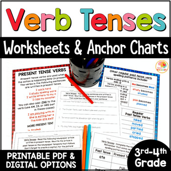 Preview of Verb Tenses Activities: Anchor Charts and Worksheets for 3rd and 4th Grade
