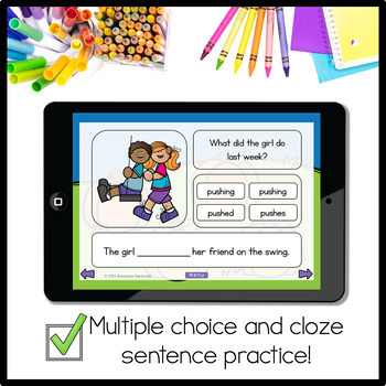 Verb Tenses BOOM CARDS for speech therapy Fall Back to School theme