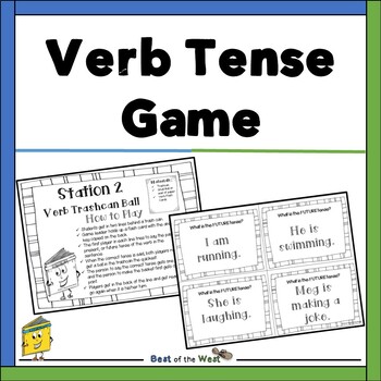 Preview of Verb Tenses Game - Trashcan Ball or Basketball Options - ELA Games - Grammar