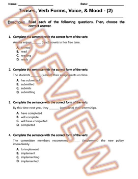 Preview of Verb Tenses, Passive and Active Voice, and Mood Worksheet. W.Doc (2/2)