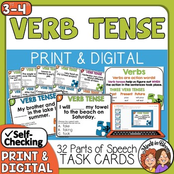 Preview of Verb Tenses Task Cards | Print & Digital | Anchor Chart | Verbs Practice