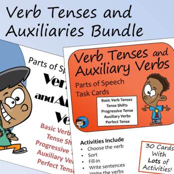 Preview of Verb Tenses and  Auxiliary Verbs Task Card and Slide Presentation Bundle