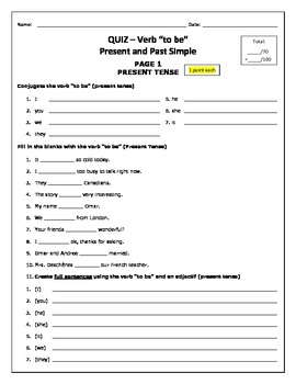 Preview of Verb To Be - Present and Past Tenses to Conjugate + Answer Key