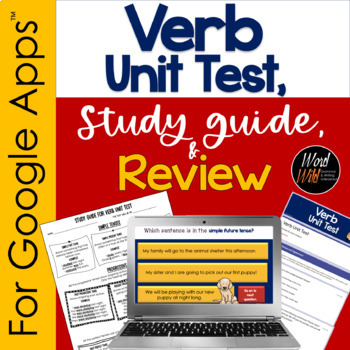 Preview of Verb Unit Test for Google Forms™, Verb Review Study Guide and Practice Test