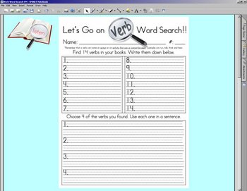 Preview of Verb Word Search worksheet w/ SMARTBOARD display