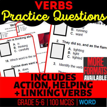 Preview of Verb Worksheets Action, Helping, Linking Verbs Practice 5th-6th Grade (Word)