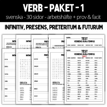 Preview of Verb (infinitiv, presens, preteritum & futurum) – 30 sidor – arbetshäfte + prov