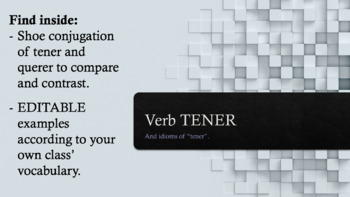 Preview of Verb tener and idioms tener with EDITABLE activities to fit your class vocab