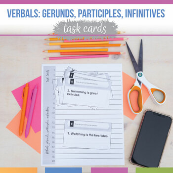Preview of Verbal Phrases Task Cards Gerund, Participial, Infinitive | Verbals Activity
