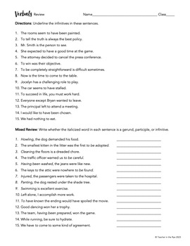 Verbals Review Worksheet Gerunds Infinitives Participles Mixed Review ...