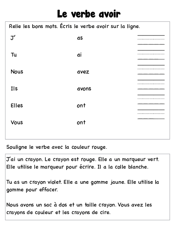 Verb Avoir Worksheets French 1