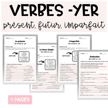 Preview of Verbes en -yer - Présent Futur Imparfait Printable Worksheets | Conjugaison yer