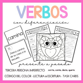 Preview of Verbos de presente a pasado; task-cards, lectura & escritura, código del color