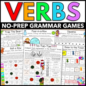 Preview of Verbs Worksheet Games Irregular Past Future Tense Helping Action Linking Verbs