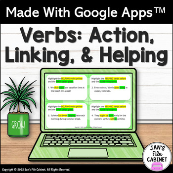 Preview of Verbs ACTION LINKING HELPING Lesson, Practice, and Quiz GRADES 4-6 Google Apps