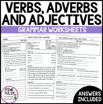 Preview of Verbs, Adjectives, Adverbs and Tense - Grammar Worksheets with Answers