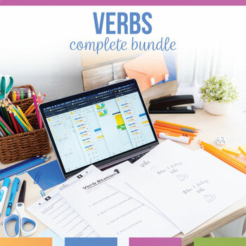 Preview of Verbs Bundle Pre-test, Worksheets, Task Cards, Sort, Presentation, Tests