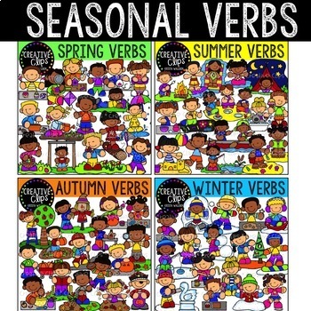 Preview of Verbs Clipart: Kids in Spring, Summer, Winter, Fall Clipart Bundle