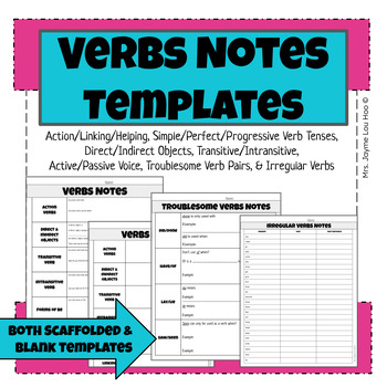 Preview of Verbs Cornell Note Templates