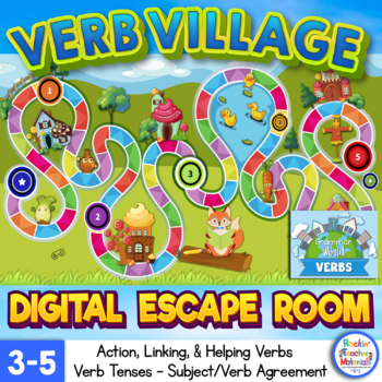Preview of Verbs Digital Escape Room Upper Elementary Action, Agreement, Tenses, Helping...