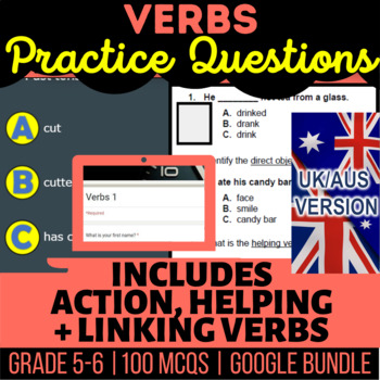 Preview of Verbs: Fillables, Editable Presentations, Self Grading Forms UK/AUS English
