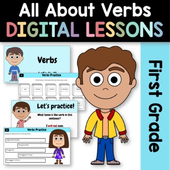 Preview of Verbs First Grade Interactive Google Slides | Grammar Skills Review