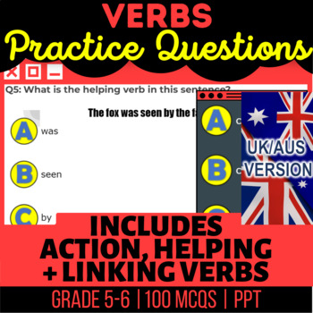 Preview of Verbs Interactive Review Action, Helping, Linking UK/AUS Spelling Year 6-7