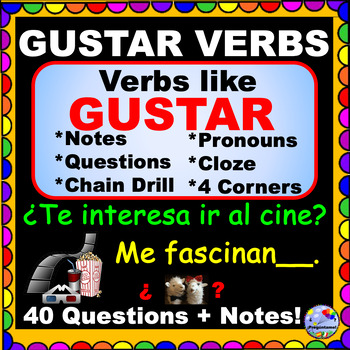 Preview of Verbs Like Gustar PROJECTABLE Questions Chain Drill Cloze Gustar Verbs and Notes