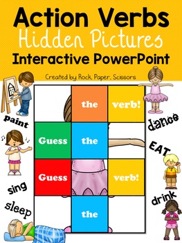Preview of FREEBIE! Action Verbs, Parts of Speech -  PowerPoint Game Hide and Reveal