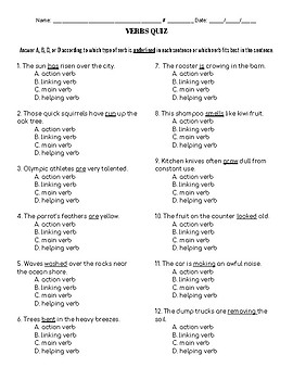 Verbs Quiz - Action Linking Helping Main by ThinkOutsidetheManual