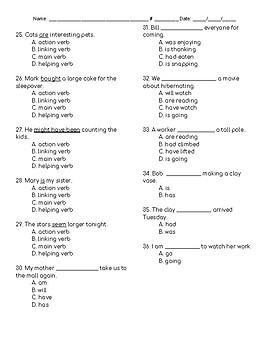 Verbs Quiz - Action Linking Helping Main by ThinkOutsidetheManual