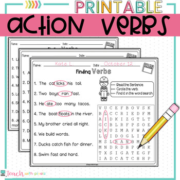 verbs parts of speech worksheets and activities with word search