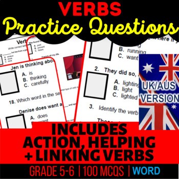 Preview of Verbs Workbook Action, Helping, Linking UK/AUS Spelling Year 6-7