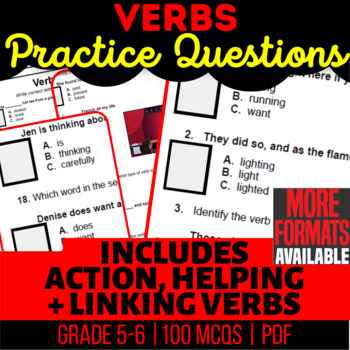 Preview of Verbs Worksheets Action Helping Linking Multiple Choice Questions 5th 6th Grade