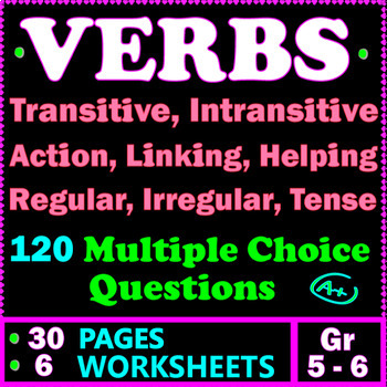 Preview of Verbs Worksheets: Irregular Verbs, Linking Verbs, Action Verbs 5th-6th Grade ELA