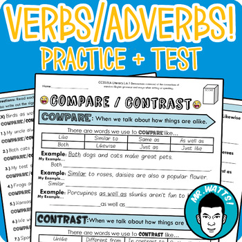 Preview of Verbs and Adverbs Grammar Worksheet Packet + Test (Distance Learning Enabled!)