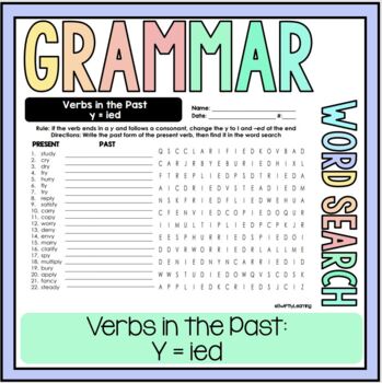 Preview of Verbs in the Past Y=IED Grammar Word Search - NO PREP