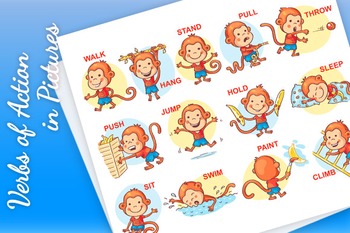 Preview of Verbs of action in pictures, cute monkey character.